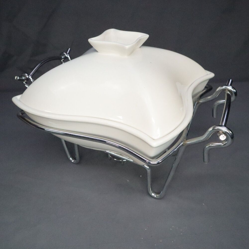 Lidded Casserole Dish Sienna White Ceramic, Chrome Warmer Stand